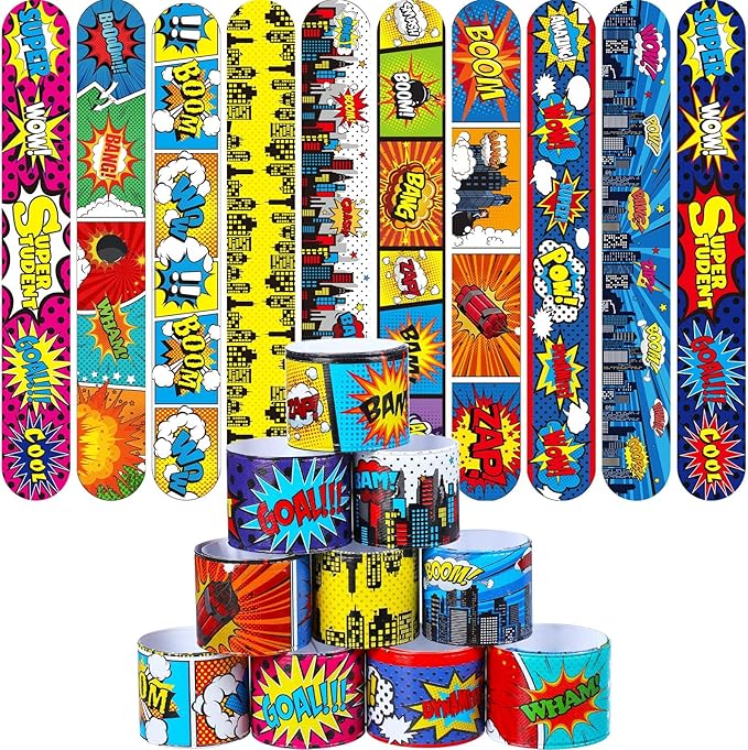 Junkin 80 Pieces Hero Tie Dye Party Favors Slap Bracelets for Kids Boys Girls Snap Bracelets Party Supplies Wristband Birthday Supplies Decorations, 10 Styles (Hero)