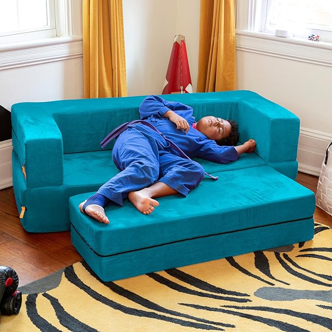 Jaxx Zipline Kids Sofa & Large Ottoman, 3 in 1 Fold Out Sofa, Big Kids Edition, Teal