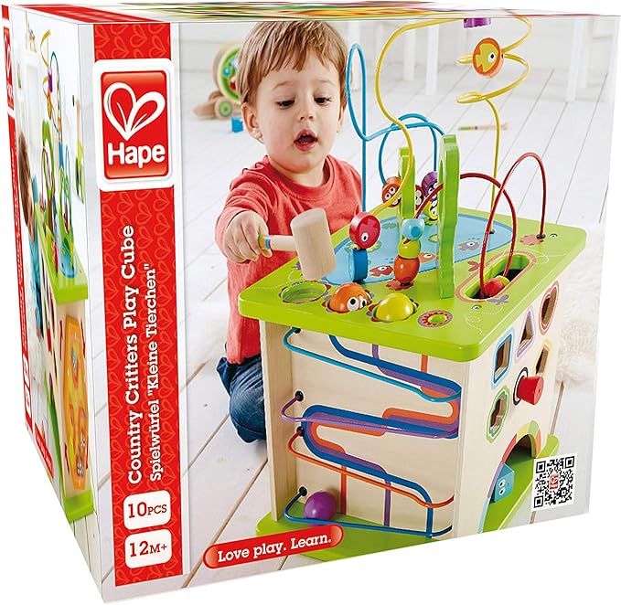 Hape Country Critters Play Cube| Wooden Learning Puzzle Toy for Toddlers, 5-Sided Activity Centre with Animal Friends, Shapes, Mazes, Wooden Balls, Shape Sorter Blocks and More