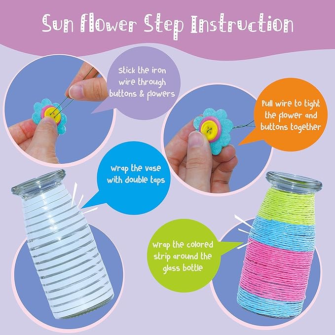 SpriteGru Flower Craft Kit for Kids,Make Your Own Flower Bouquet with Buttons,DIY Activity Gift for Boys & Girls Age 4 5 6 7 8 9 10 Year Old(2 Bouquets and 1 Glass Vase)