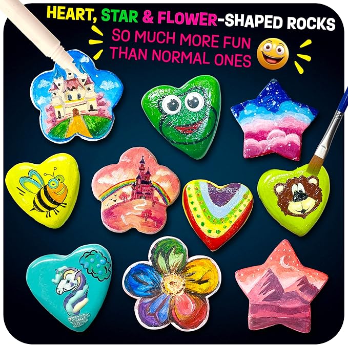 Heart, Flower & Star Shaped Rocks - Glow in The Dark Rock Painting Kit for Kids - Arts & Crafts Toys for Kids Ages 6-12 - Valentines Day Craft Kits - Birthday Gifts for 6 7 8 9 10 11 12 Year Old Girls