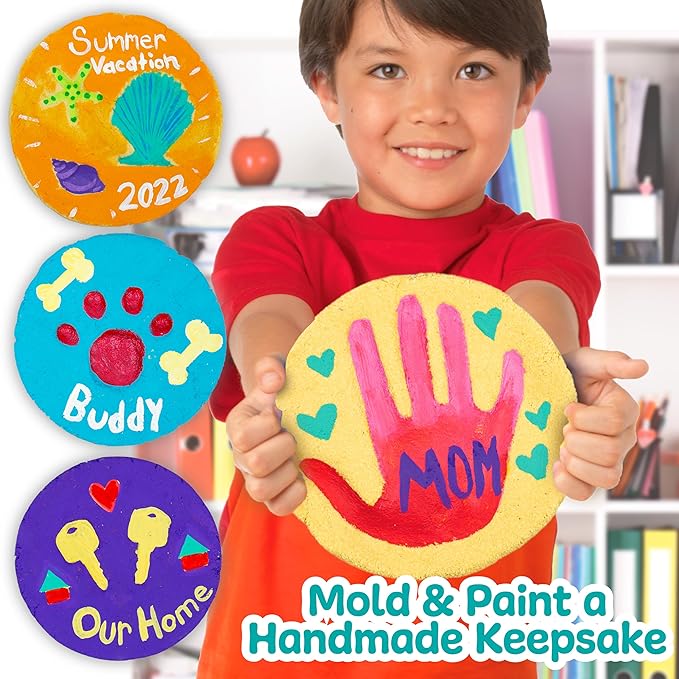 Made By Me! Sand Dough Sculpt & Paint Creations! Mold Your Own Hand Print Stone, DIY 7-inch Handprint Stone Kit, Mess-Free Stepping Stones, Staycation Activity, Keepsake Gift for Kids Ages 4+