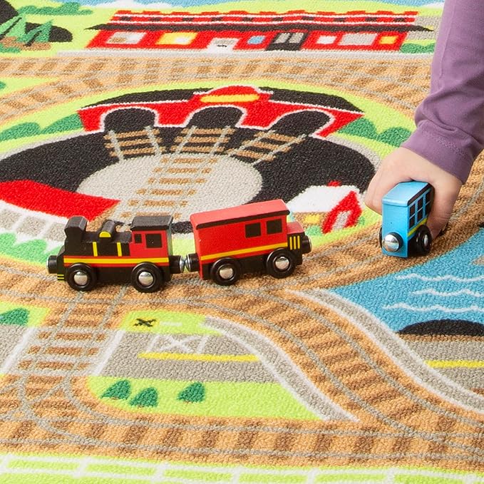 Melissa & Doug Round the Rails Train Activity Play Rug, 3 Wooden Train Cars (39" x 36")