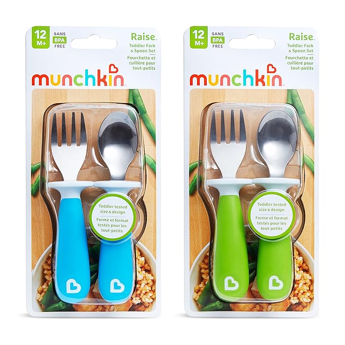 Munchkin® Raise™ Toddler Fork and Spoon Utensil Set, Rest Keeps Tip Off Table, BPA Free, 4 Pack, Blue/Green