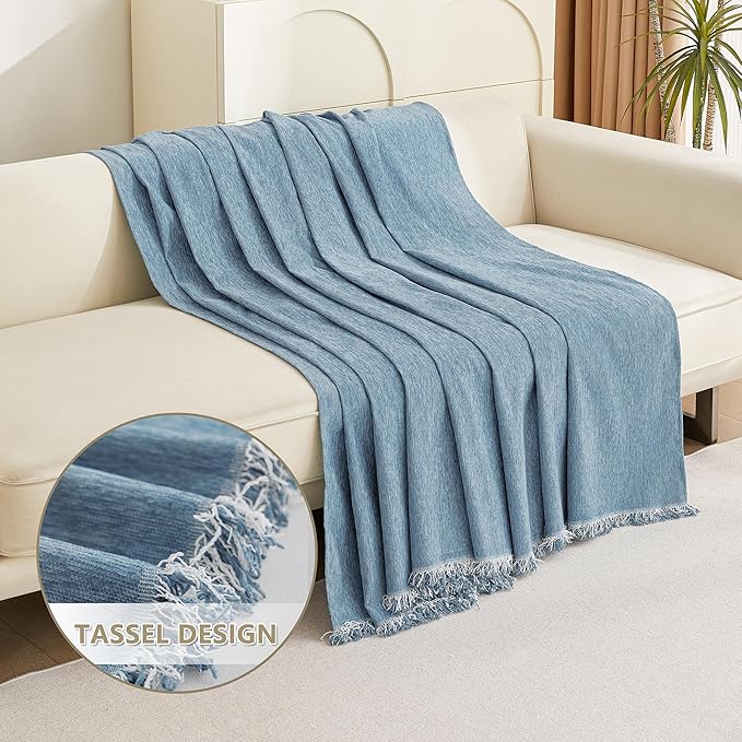 MYSKY HOME Blue Sectional Couch Covers Chenille Sofa Covers for 3 Cushion Couch Universal Easy Fitted Sofa Cover Durable Furniture Protector with White Tassel Edge for Kids Dogs Pets, 71" X102"