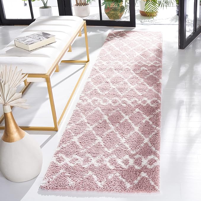 SAFAVIEH Berber Shag Collection Runner Rug - 2'2" x 9', Light Rose & Ivory, Moroccan Boho, Non-Shedding & Easy Care, 1.2-inch Thick Ideal for High Traffic Areas in Living Room, Bedroom (BER165U)
