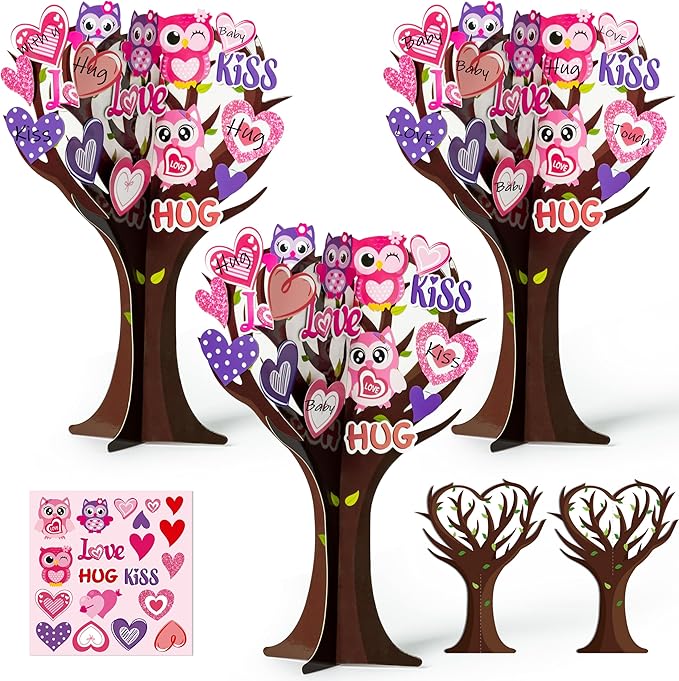 BeYumi 16Pcs Valentine’s Day Heart Trees Craft Kit for Kids Make Your Own Owl Heart Trees Decorations DIY Valentine’s Day Crafts Set Holiday School Classroom Home Party Fun Activities Decor