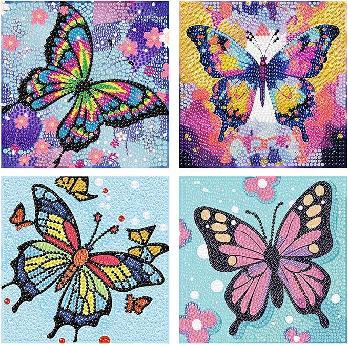 Reivworl 4 Packs Diamond Art Kits for Kids, Butterfly Diamond Art for Kids Ages 8-12, Butterfly Diamond Painting Kits for Kids for Home Wall Decor 6x6 Inch
