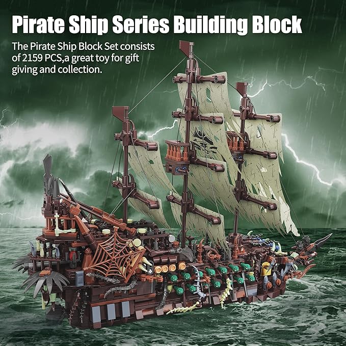 TYCOLE Pirate Ship Building Sets with Lights, MOC Flying Dutchman Model Toy Boat,Ghost Ship Building Blocks Sets,Christmas Birthday Gifts for Adults and Teens(2159Pieces)