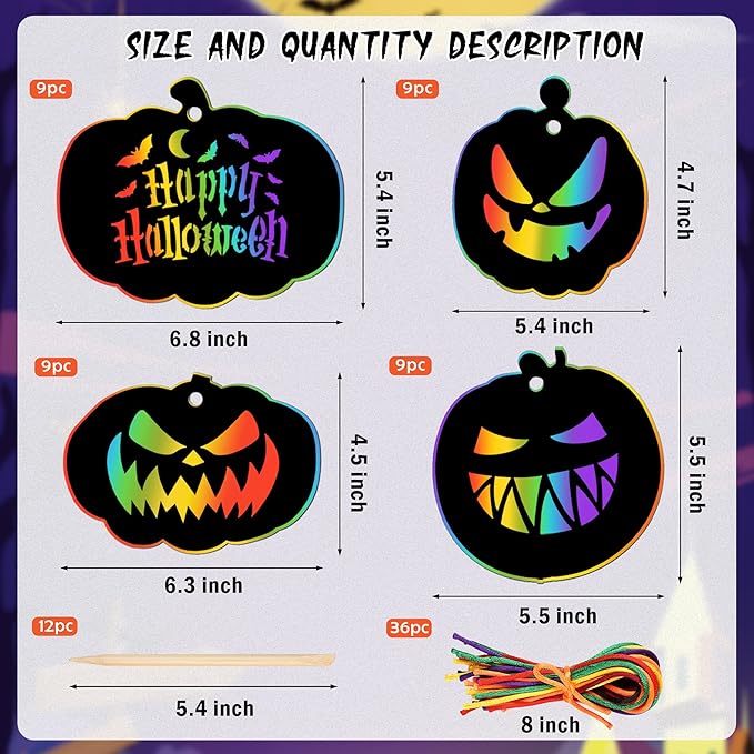JULMELON 36 Pieces Halloween Scratch Paper Crafts Kit Bulk of Halloween Pumpkins Magic Rainbow Scratch Art for Kids DIY Party Ornaments Halloween Decor with 12 Wooden Sticks and 36 Colorful Ribbons