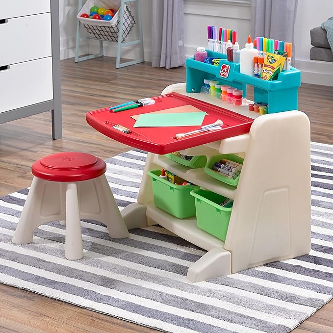 Step2 Flip & Doodle Easel Desk With Stool, Kids 2 in 1 Activity Table, Art Board, Made of Durable Plastic, For Toddlers 2+ Years Old