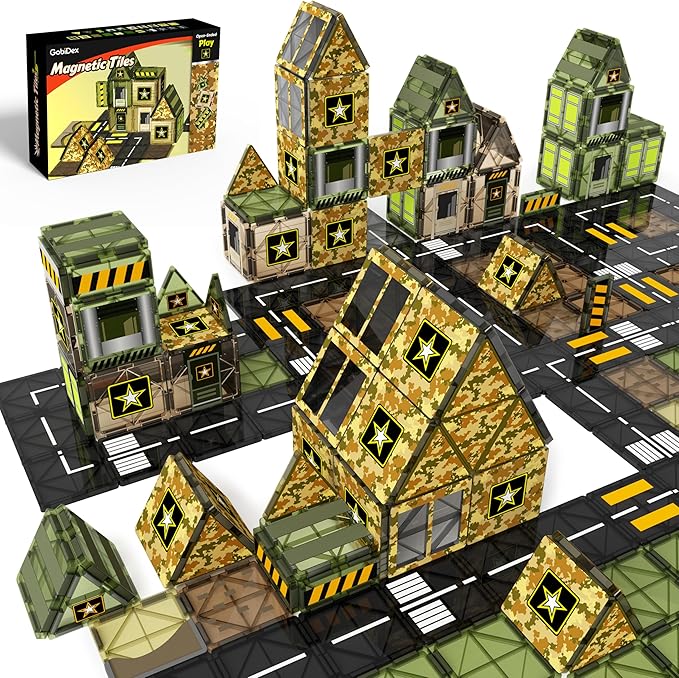 GobiDex Magnetic Tiles Army Toys, Military Magnet Tiles Building Blocks for Toddlers STEM Construction Preschool Toys for Kids Ages 3-5 4-8, 3+ Years Old Boys Girls Birthday Gifts Toys Army Men Games