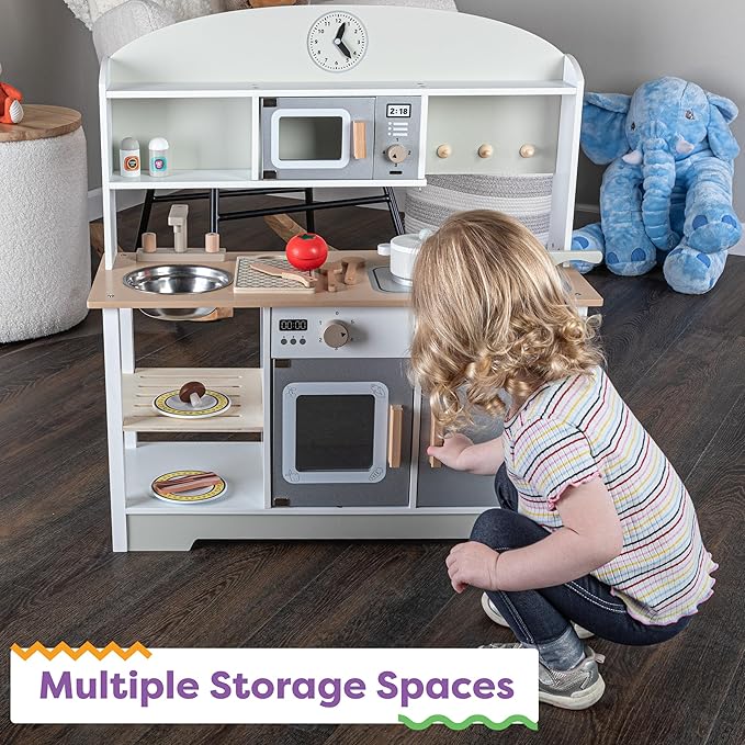 Hey! Play! Kids Kitchen Playset - Play Kitchen with Toy Microwave, Sink, Stovetop, Roaster, Utensils and Play Food - Wooden Play Kitchen for Toddlers