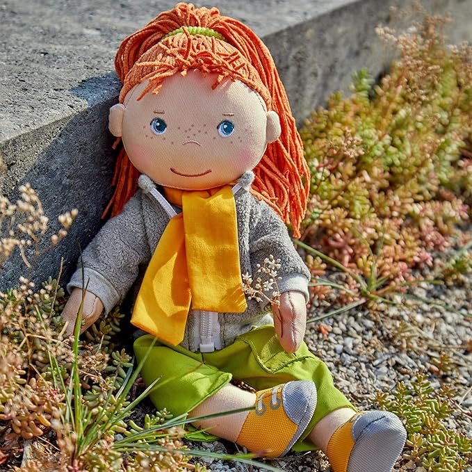 HABA Soley 12" Soft Doll with Red Hair, Embroidered Face, Removable Pants and Jacket - Machine Washable for Ages 18 Months +