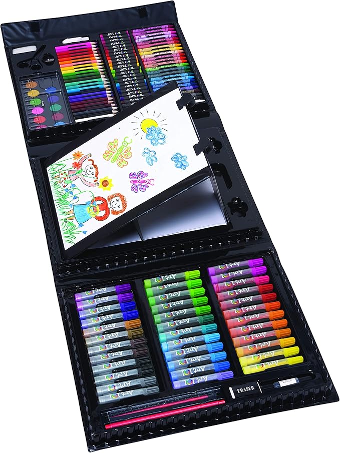 Art 101 USA Budding Artist 154 Pc Junior Artist Trifold Easel Set, Includes markers, crayons, oil pastels, watercolor paints, and colored pencils, Case, pop up easel, Portable Art Studio , White