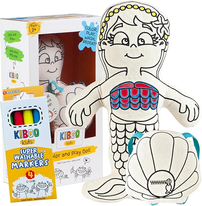 Kiboo Kids Color Your Doll - Coloring Toy for Kids - Educational Art and Crafts for Kids - Reusable Gift (9" Mermaid Doll with Mini Shell Doll Backpack and Washable Markers)