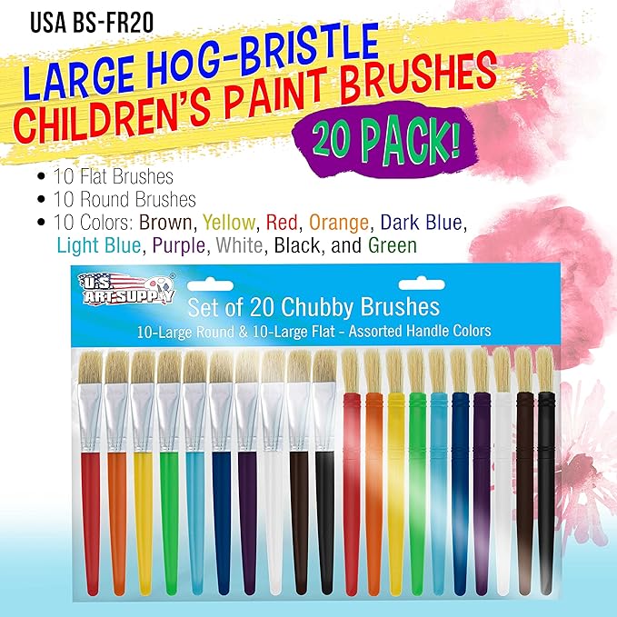 U.S. Art Supply 20-Piece Paint Brush Pack - Thick Paint Brushes for Crafts, Classroom Paint Brushes, Paint Brushes for Painting Projects, Bulk Paintbrushes for Tempera, Poster, and Acrylic Art