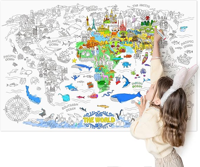 Jar Melo Giant Coloring Poster for Kids; World Map Jumbo Wall Coloring Poster, 45.3 x 31.5 Inches, Large Tablecloth Birthday Gifts for Class School Home Decorations