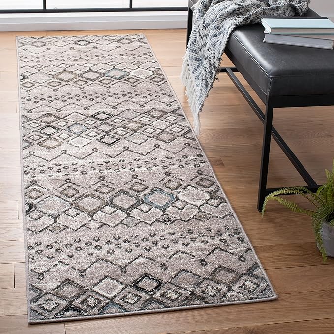 SAFAVIEH Amsterdam Collection Runner Rug - 2'3" x 18', Light Grey & Brown, Moroccan Boho Design, Non-Shedding & Easy Care, Ideal for High Traffic Areas in Living Room, Bedroom (AMS108F)