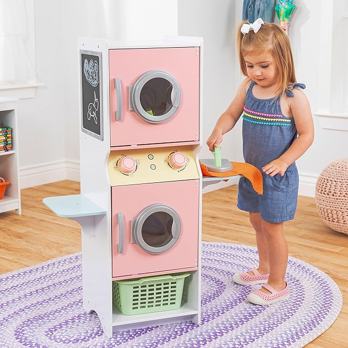 KidKraft Laundry Playset Children's Pretend Wooden Stacking Washer and Dryer Toy with Iron and Basket, Pastel, Gift for Ages 3+