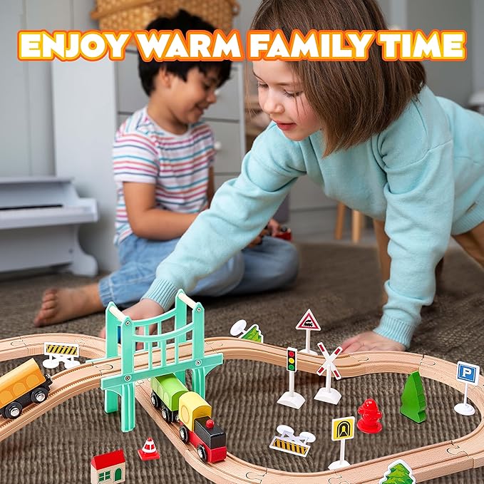 47Pcs Wooden Train Set for Toddlers, Wooden Train Track - Expandable and Changeable, Safe Educational Train Toys Gift for Boys & Girls Kids Ages 3-5 4-8, Compatible with All Major Brands