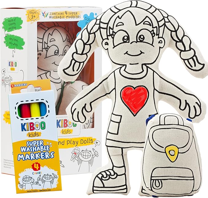 Color Your Doll - Washable Art Toy with Mini Doll Backpack and Markers - Educational Craft for Creative Play (Girl Doll with Braids)