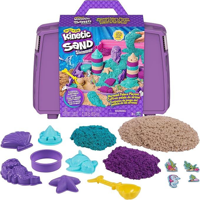 Kinetic Sand, Mermaid Palace Playset with 2.06lbs Play Sand (Neon Purple, Shimmer Teal & Beach), Tools & Folding Sandbox, Sensory Toys for Kids