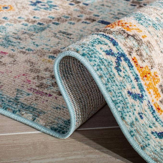 SAFAVIEH Madison Collection Runner Rug - 2'2" x 14', Blue & Yellow, Boho Diamond Distressed Design, Non-Shedding & Easy Care, Ideal for High Traffic Areas in Living Room, Bedroom (MAD418K)