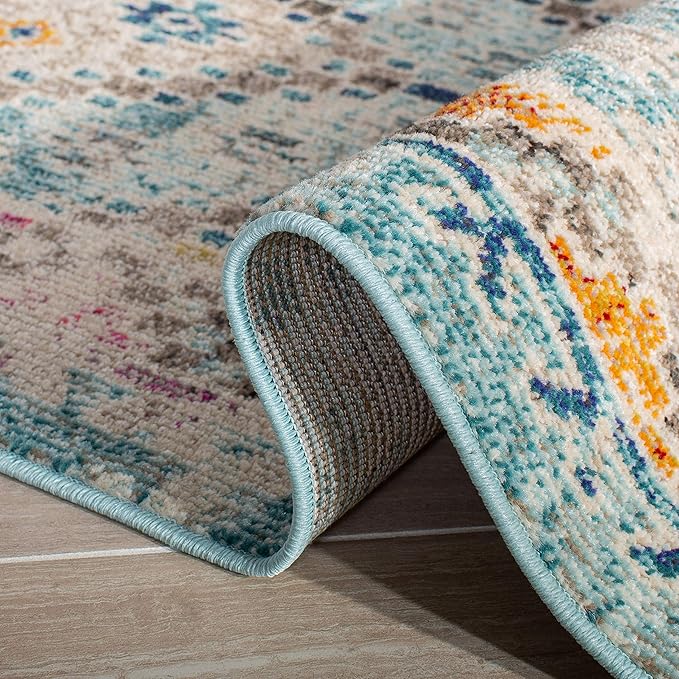 SAFAVIEH Madison Collection Runner Rug - 2'2" x 6', Blue & Yellow, Boho Diamond Distressed Design, Non-Shedding & Easy Care, Ideal for High Traffic Areas in Living Room, Bedroom (MAD418K)