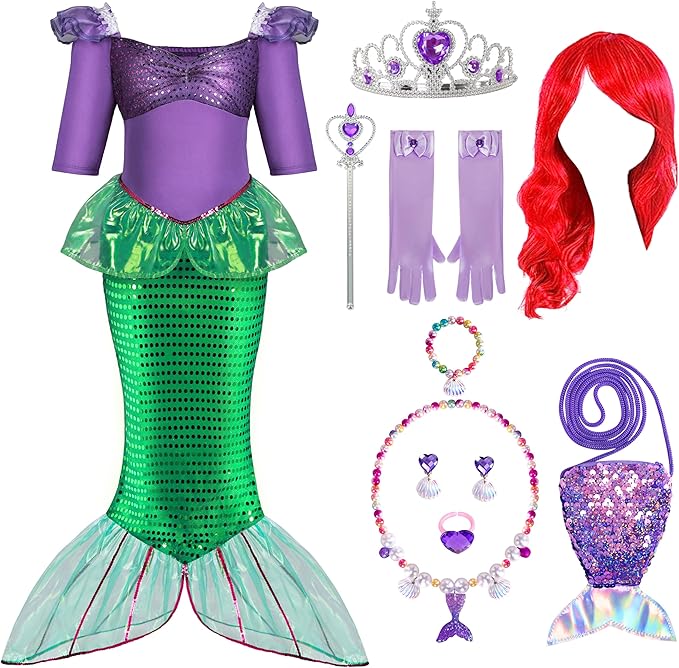 Spooktacular Creations Halloween Little Mermaid Costume for Girls, Sequin Mermaid Dress Set, Dark Purple Princess Dress for Toddler Dress-Up, Cosplay Party (Medium, 8-10 yrs)