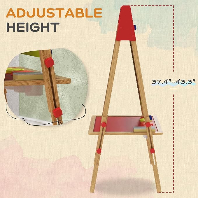 Qaba Easel for Kids, 3 in 1 Kids Art Easel with Paper Roll, Whiteboard, Chalkboard, Double Sided & Adjustable Height Wooden Toddler Easel with Painting Accessories, for Kids 3-8 Years, Nature Wood