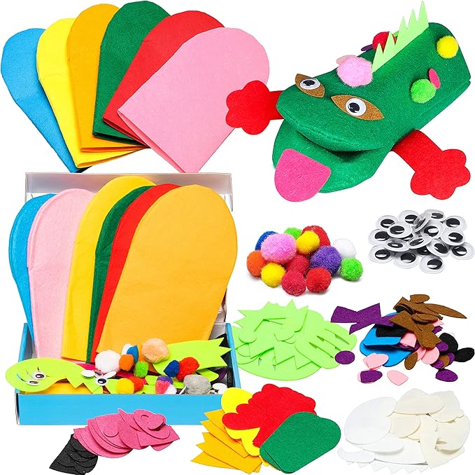 WATINC 6Pcs Hand Puppet Making Kit, Art Craft Felt Sock Puppet Toys, Creative DIY Make Your Own Pompoms Wiggle Googly Eyes Storytelling Role Play Party Supplies Gift for Girls Boys (Animals)