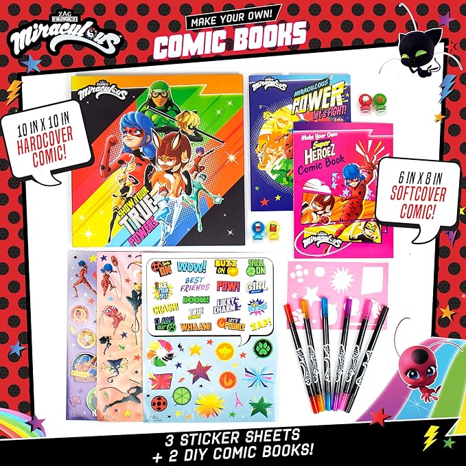 Miraculous Make Your Own Comic Book – Create 2 Comic Books Ladybug, Cat Noir, Tikki & More – Creative Toys for Kids Ages 6 & Up – DIY Comic Book Kit Kids