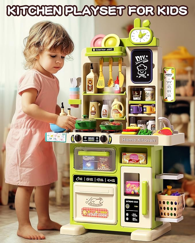 33.8IN - 70PCS Kids Kitchen Playset with Sound & Light - Cooking Stove with Steam, Play Sink and Toy Kitchen Accessories - Pretend Kitchen Play Food Toys for Kids Boys Girls - Toddler Play Kitchen Set