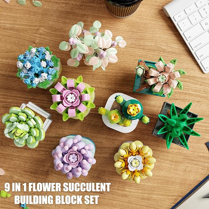 TYCOLE Tiny Flowers Succulents Artificial Plant Set-Creative Botanical Building Block 9 in 1 Toy, Botanical Collection for Office&Home Decor,Christmas Birthday Gift for Adults and Kids 8-12(832 PCS)