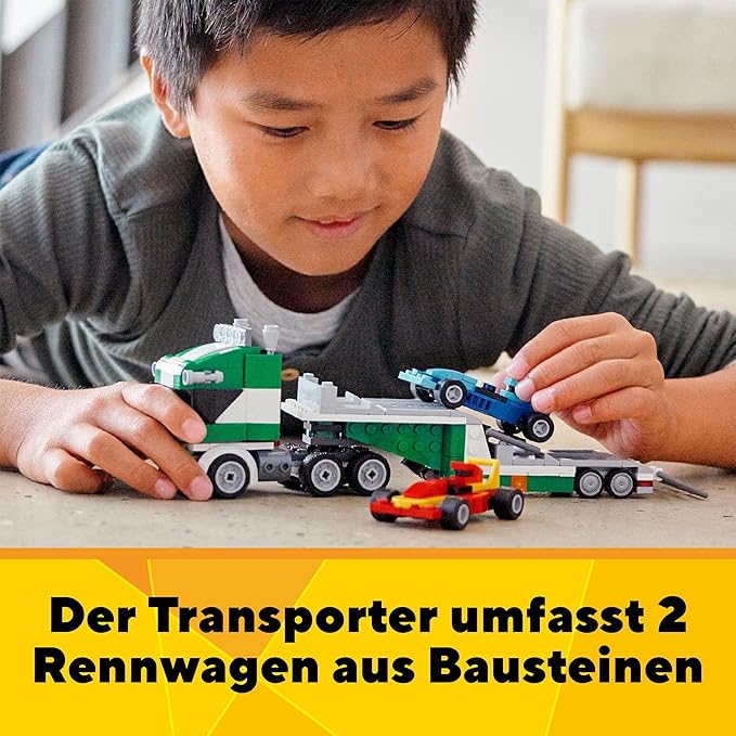LEGO 31113 Creator 3-in-1 Racing Car Transporter Construction Game Truck with Trailer, Crane and Tug, Gift Idea for Children