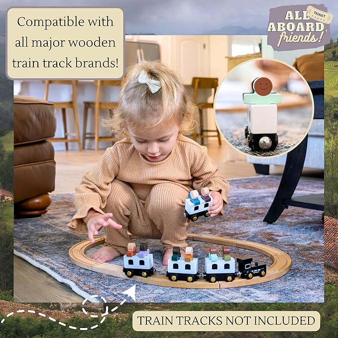 Wooden Train Set - Train Toys Magnetic - Toy Train Sets for Kids Toddler Boys and Girls | Compatible w/Wooden Train Tracks -All Aboard, Friends!