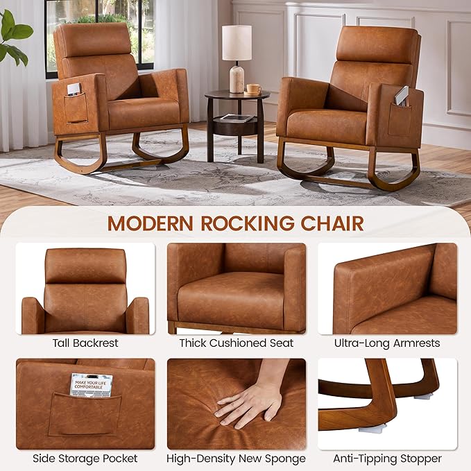 Yaheetech Rocking Chair, Leather Nursery Glider Chair, Upholstered Accent Chair with Rubber Wood Legs and Side Pockets, High Back Armchair for Living Room, Bedroom, Brown
