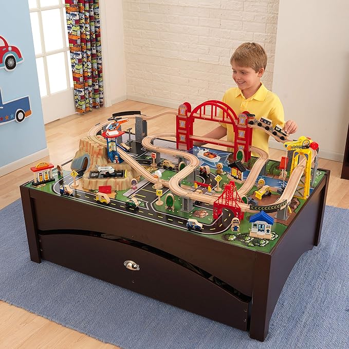 KidKraft Metropolis Wooden Train Set & Table with 100 Pieces and Storage Drawer - Espresso