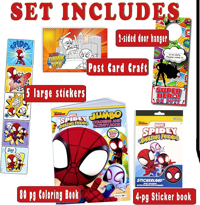 Spidey and His Amazing Friends Activity Set Bundle - Spiderman Coloring Book, Spiderman Stickers, 2-Sided Superhero Door Hanger and More, Red