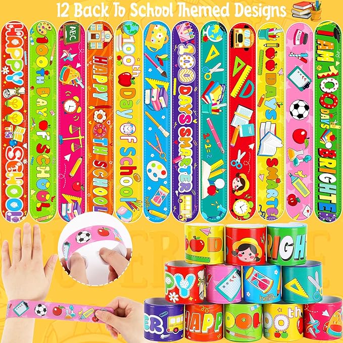 JUNEBRUSHS 100 Days of School Silicone Slap Bracelets, 50 Pcs Rubber Bracelets Snap Wristbands Happy 100th Day of School Party Favors Supplies Classroom Student Rewards