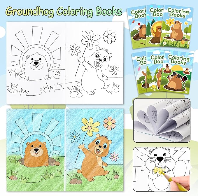 ANGOLIO 24Pcs Groundhog Coloring Books Bulk for Kids Cartoon Dormouse Animals Coloring Books Mini DIY Art Drawing Booklet for Kids Happy Groundhog Day Supplies Spring School Rewards Goodie Bag Filler