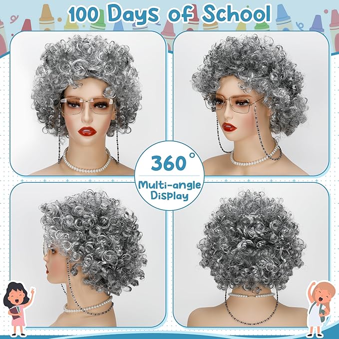 Old Lady Costume for Kids, 100th Day of School Cosplay Black White Curly Wig Glasses Wig Cap Necklace Bracelet Accessories