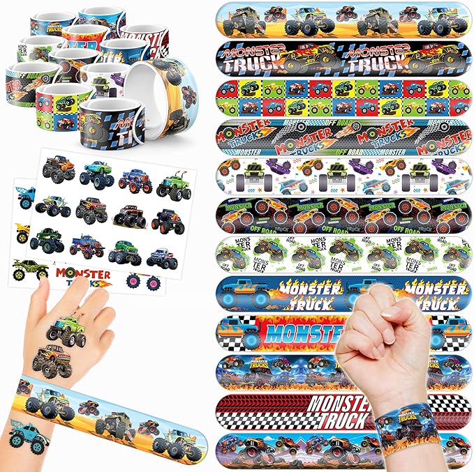 48PCS Monster Truck Party Favors - 24 Tattoos & 24 Slap Bracelets, Perfect for Big Car-Themed Birthdays, School Rewards, and Classroom Prizes for Boys & Girls