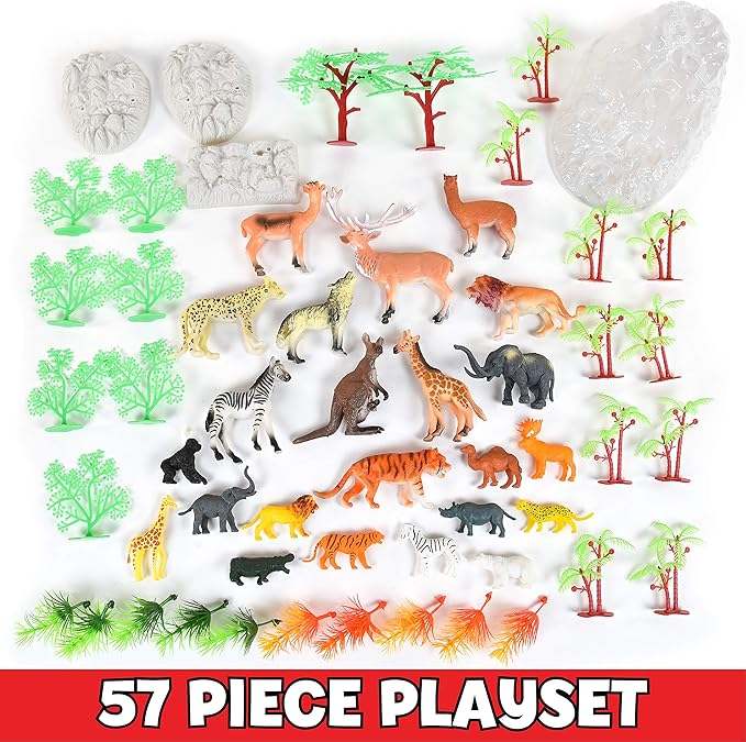 Sunny Days Entertainment Wild Animal Adventure Safari Bucket – 57 Piece Toy Play Set for Kids | Plastic Jungle Figures Playset with Storage Container