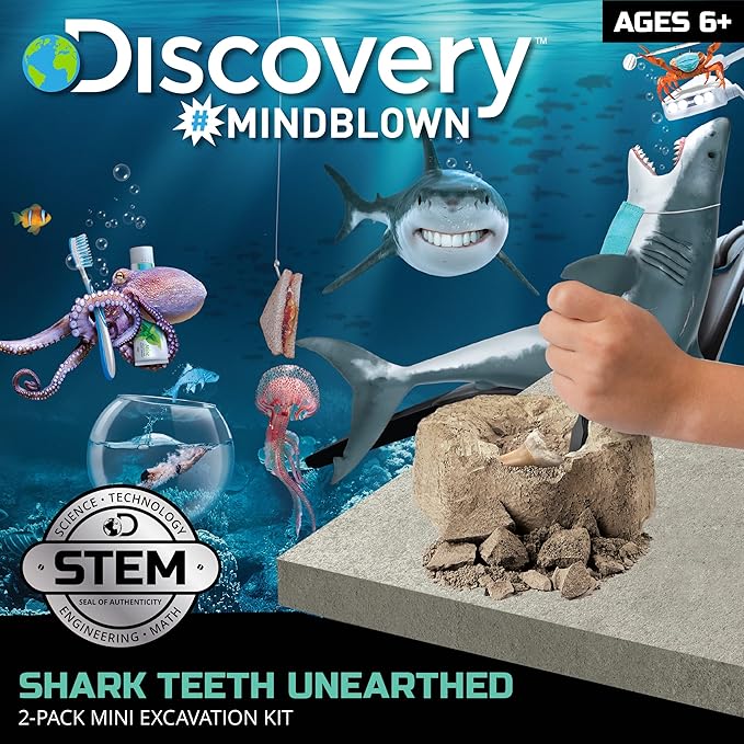 Discovery #MINDBLOWN Mini Fossil Dig Set, 2 Pack Real Shark Teeth Excavation Kit, Interactive Archaeology Paleontology Experiment, Learn Science, Fun and Educational STEM Toy for Kids Ages 6 and Up