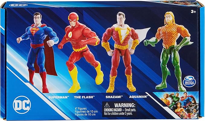 DC Comics, Action Figures 4-Pack, Superman, The Flash, Shazam!, Aquaman 4-inch Figures, Accessories, Superhero Kids Toys for Boys and Girls, Ages 3+