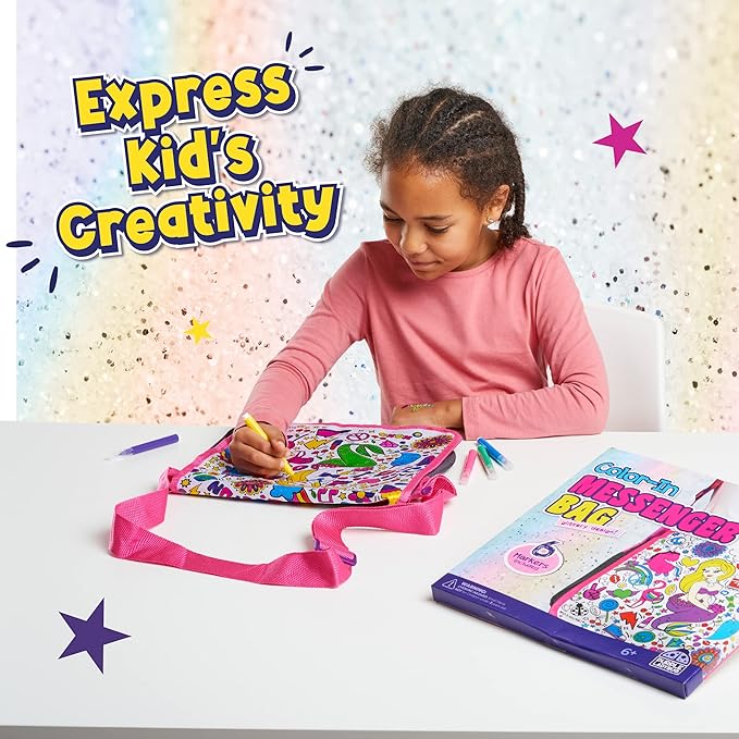 PURPLE LADYBUG Color Your Own Bag with 6 Markers Craft Set - Unique Mermaid Crafts for Girls Ages 6-8 & Mermaid Gifts for Girls, Craft Kits for Girls Ages 6-8, Girls Valentines Easter Gifts for Kids