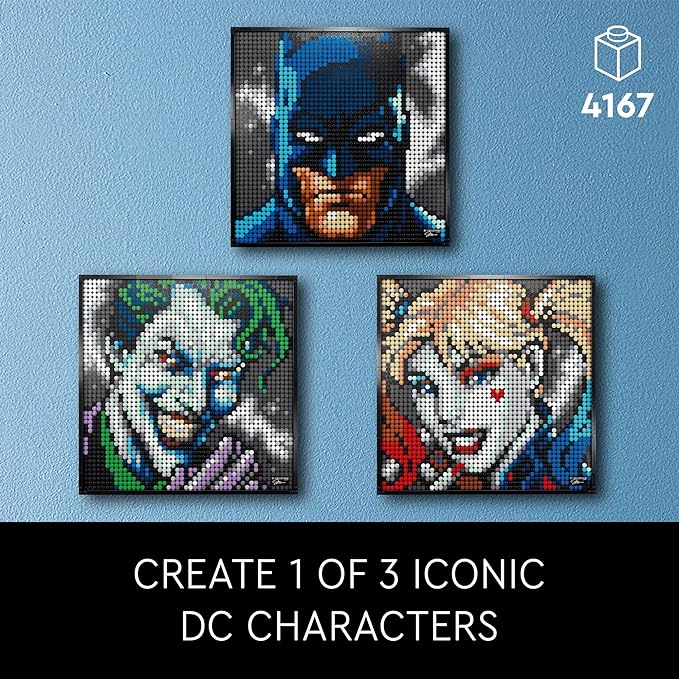 LEGO Art Jim Lee Batman Collection 31205 Building Blocks - Superhero Canvas Wall Decor with Joker, Harley Quinn, or Batman Portraits, DC Comics DIY Poster, Gift Idea for Men, Women, and Adults