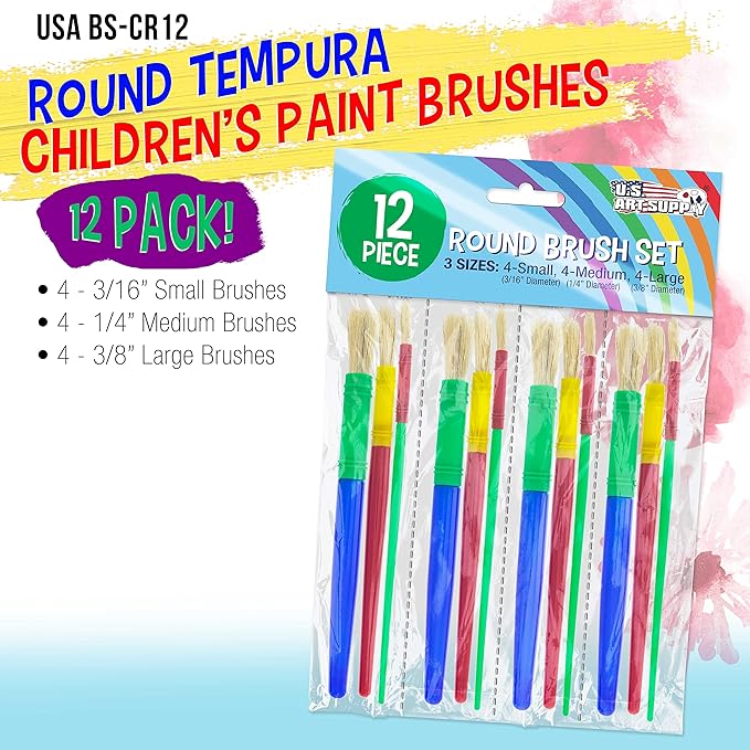 U.S. Art Supply 12-Piece Round Children's Tempera Paint Brush Set in 3 Sizes, 4 Small, 4 Medium, 4 Large - Fun Kid's Party, School, Student, Class Craft Painting - Beginners Starter Painting Brush Kit